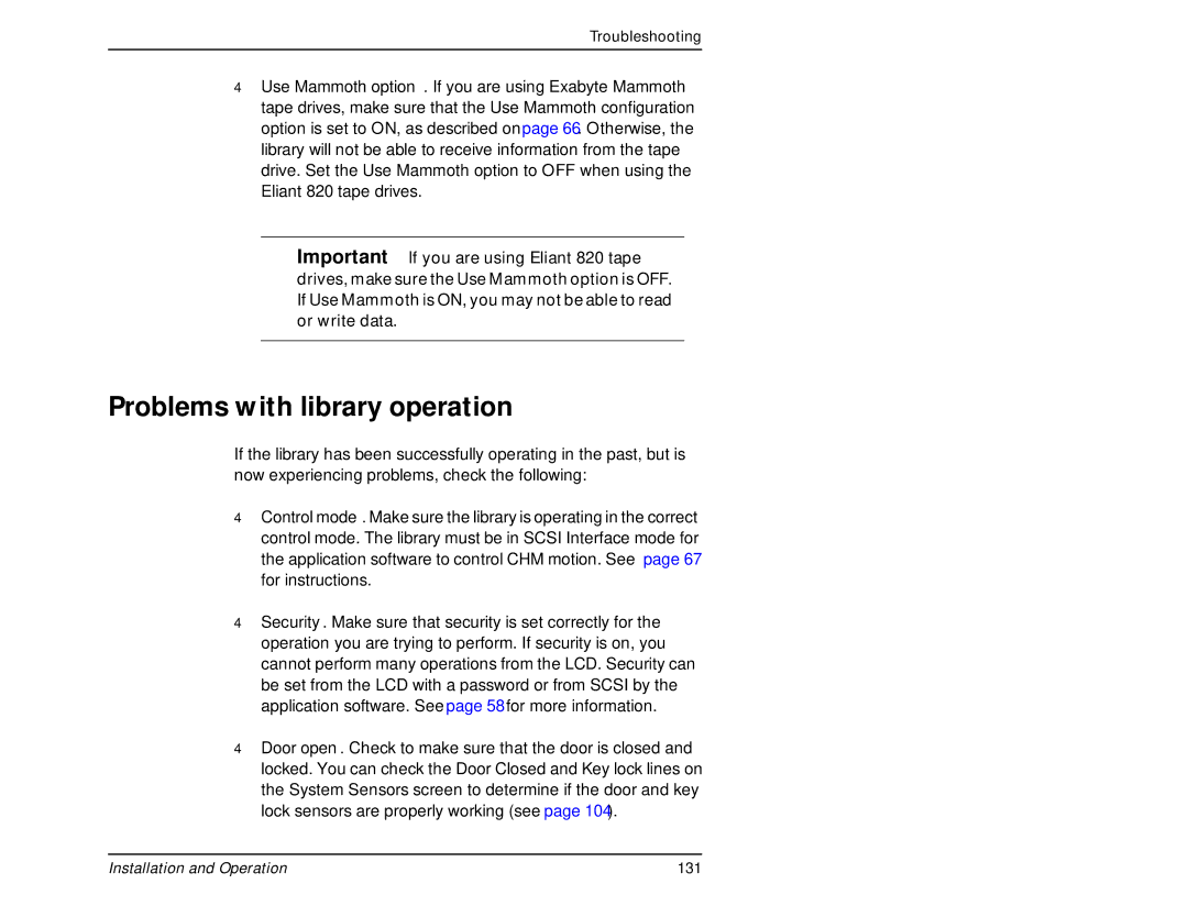 Exabyte 440, 480 manual Problems with library operation 