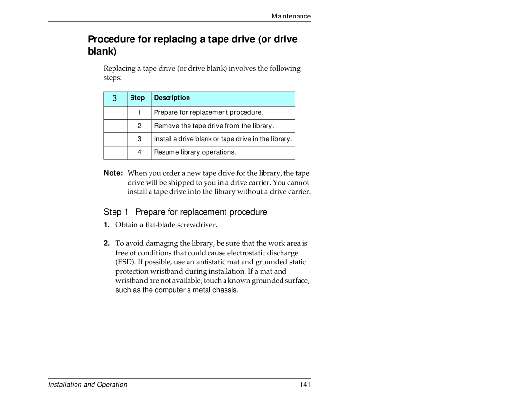 Exabyte 440, 480 manual Procedure for replacing a tape drive or drive blank, Prepare for replacement procedure 