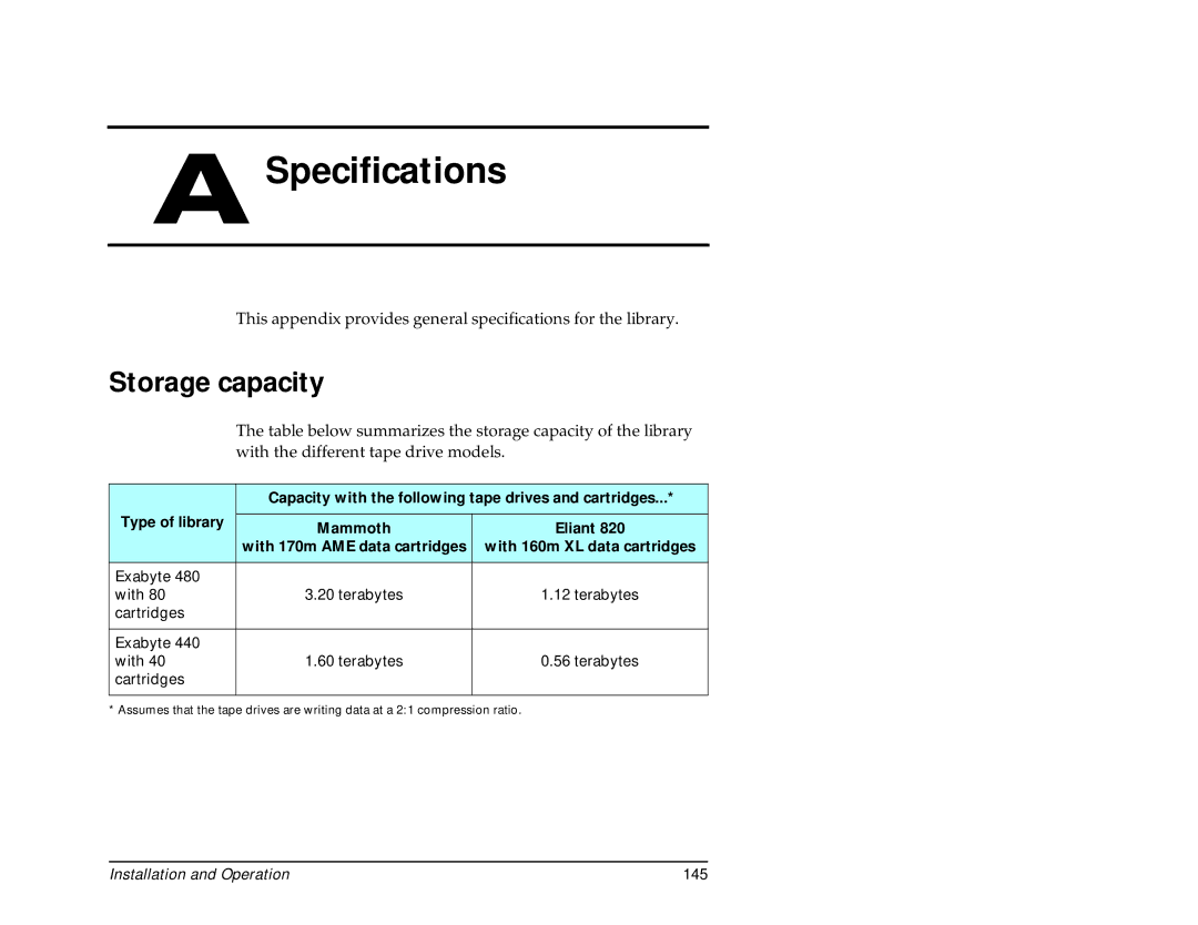 Exabyte 440, 480 manual Storage capacity, Capacity with the following tape drives and cartridges 