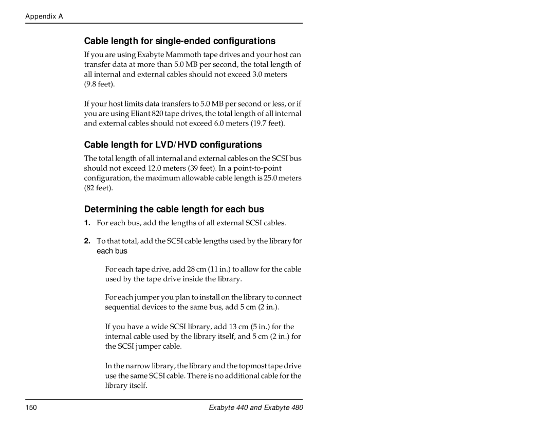 Exabyte 480, 440 manual Cable length for single-ended configurations, Cable length for LVD/ HVD configurations 