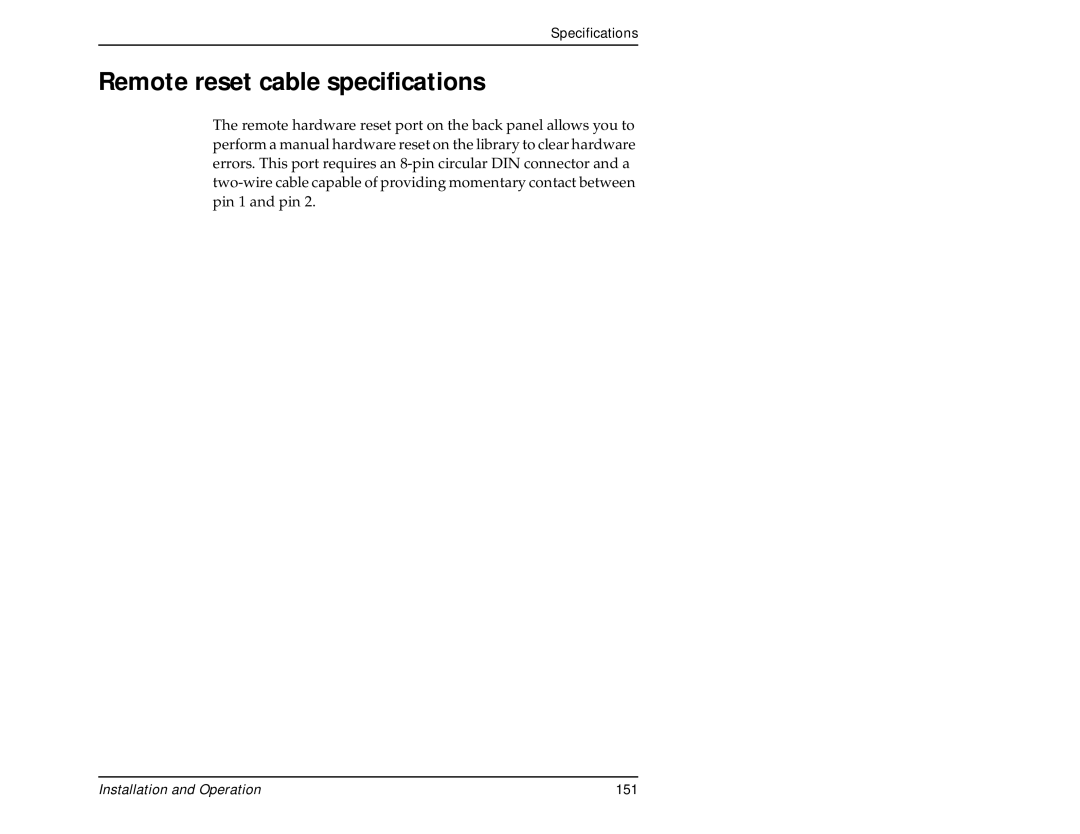 Exabyte 440, 480 manual Remote reset cable specifications 