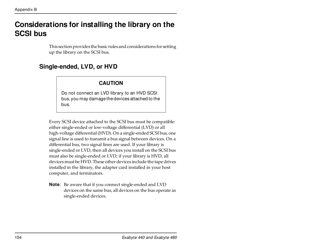 Exabyte 480, 440 manual Considerations for installing the library on the Scsi bus, Single-ended, LVD, or HVD 