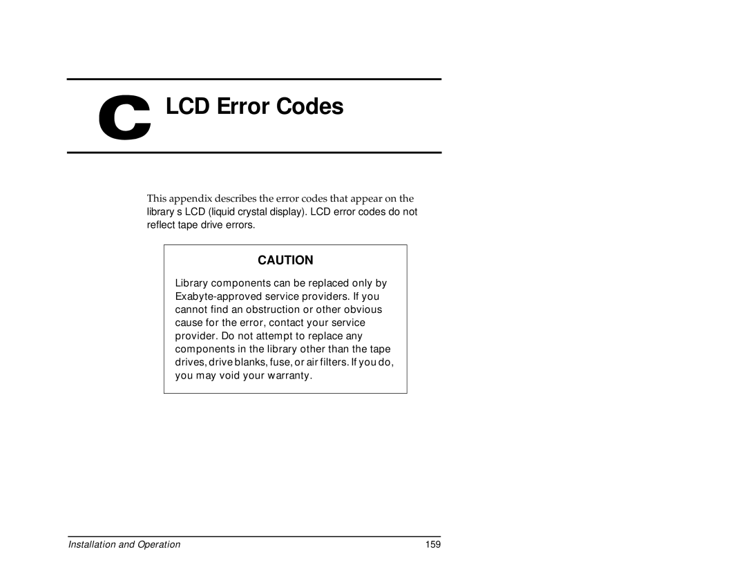 Exabyte 440, 480 manual LCD Error Codes 