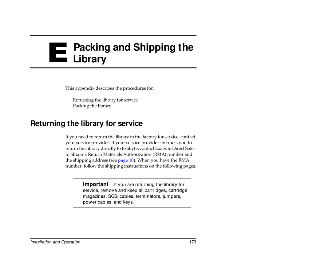 Exabyte 440, 480 manual Packing and Shipping Library, Returning the library for service 