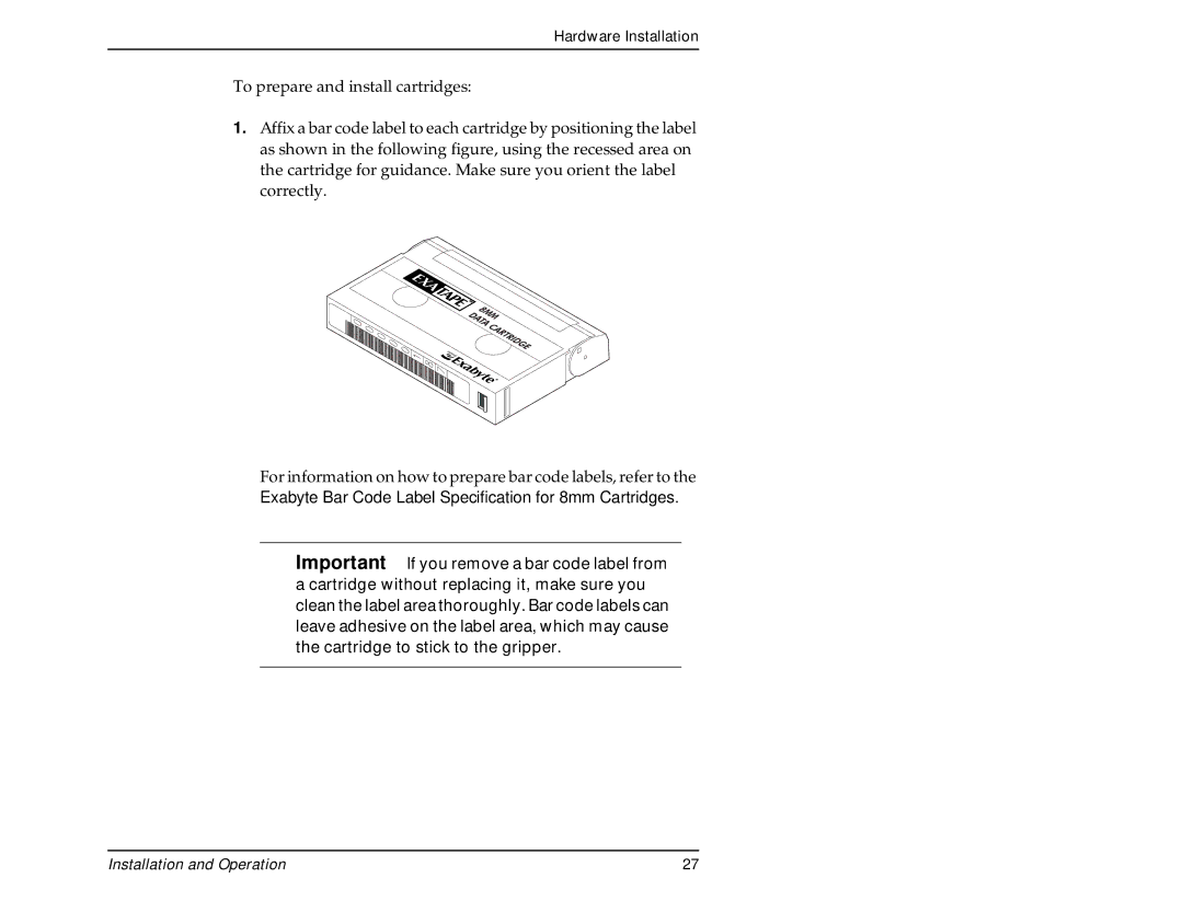 Exabyte 440, 480 manual Installation and Operation 