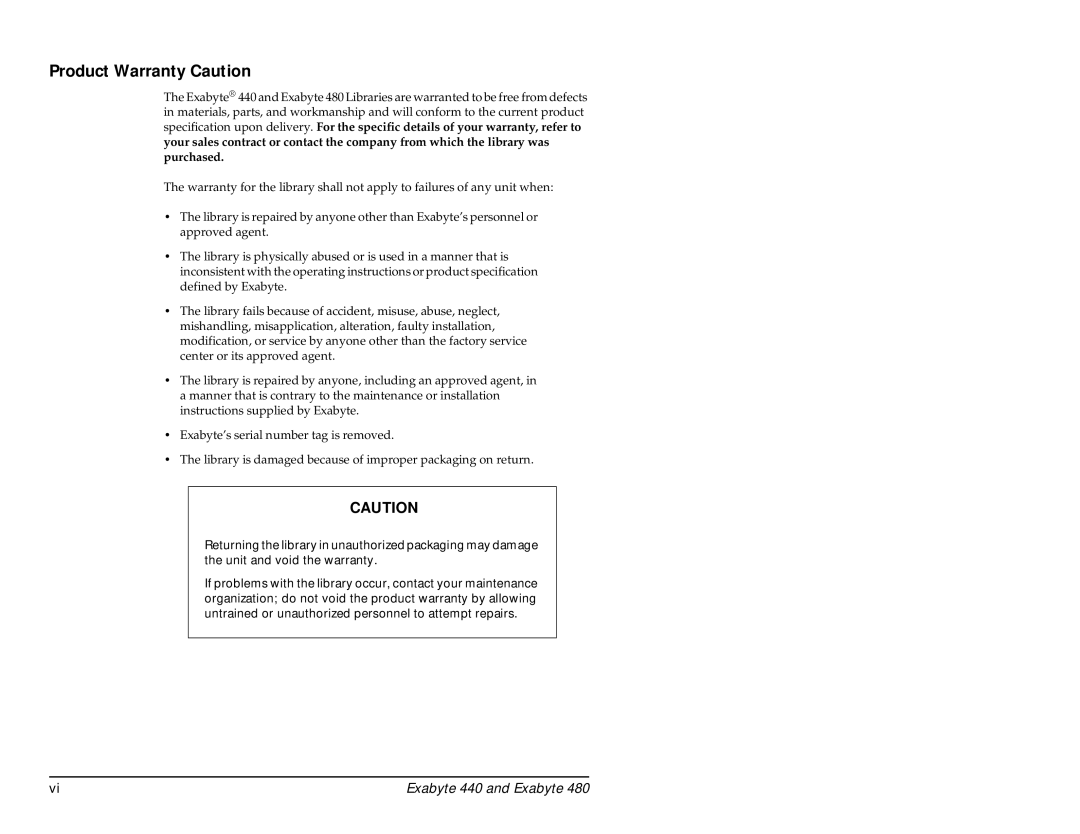 Exabyte 480, 440 manual Product Warranty Caution 