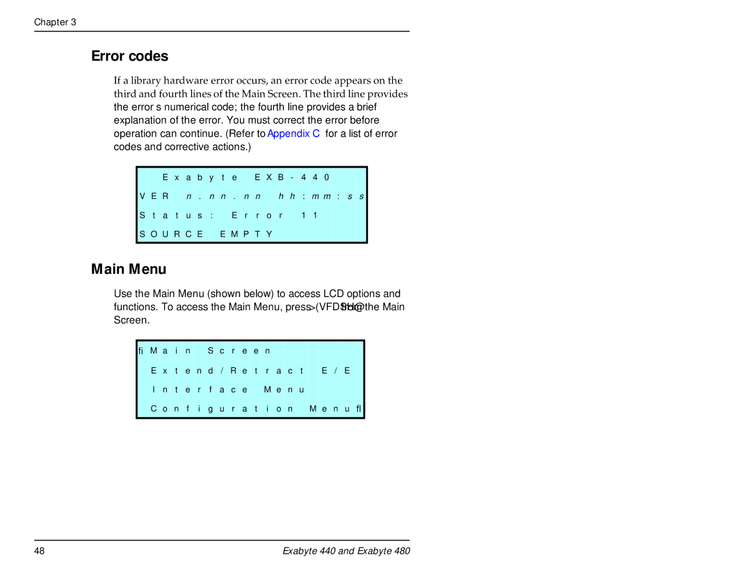 Exabyte 480, 440 manual Error codes, Main Menu 