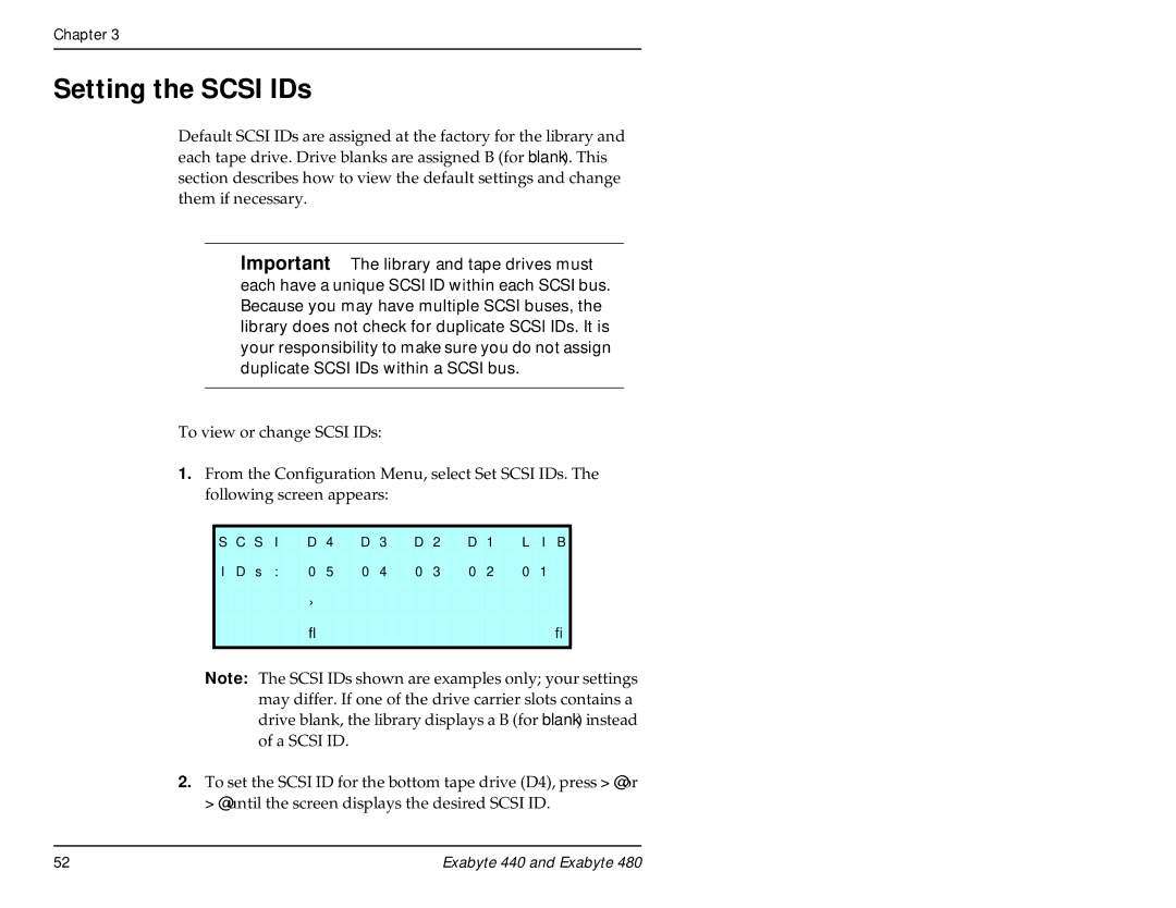 Exabyte 480, 440 manual Setting the Scsi IDs 