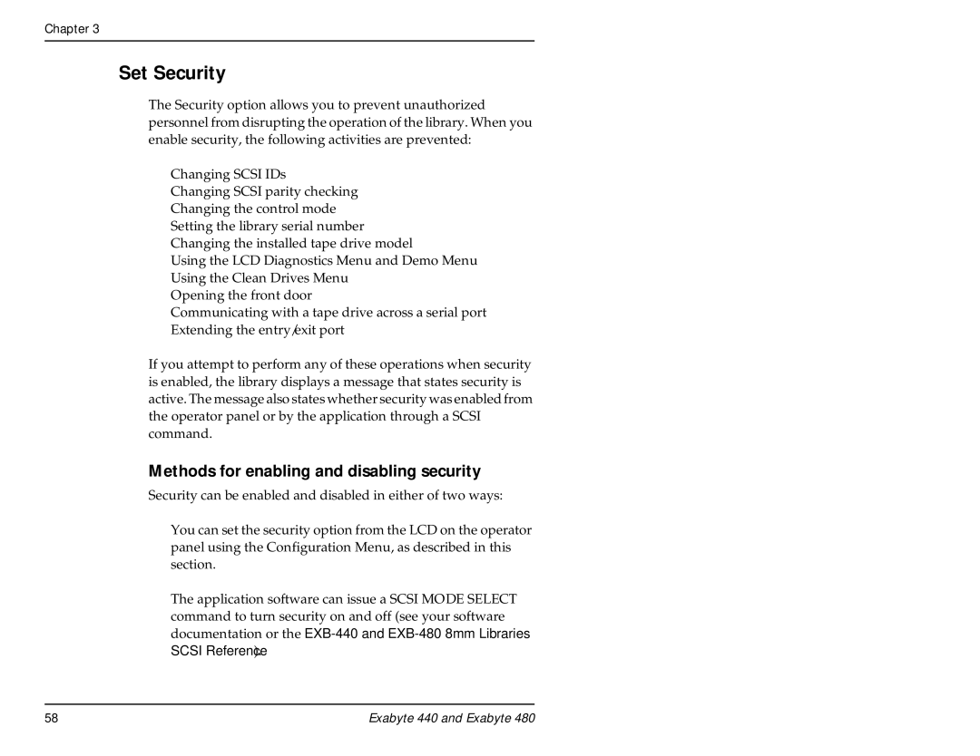 Exabyte 480, 440 manual Set Security, Methods for enabling and disabling security 