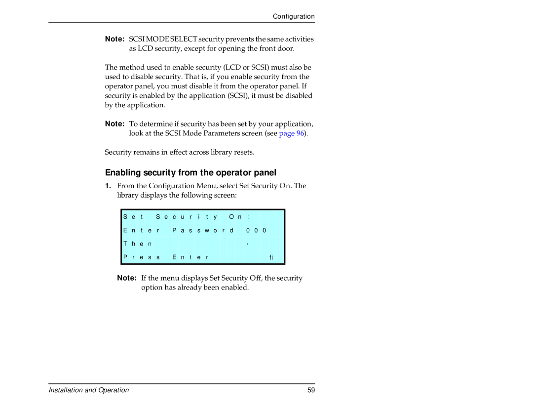 Exabyte 440, 480 manual Enabling security from the operator panel 