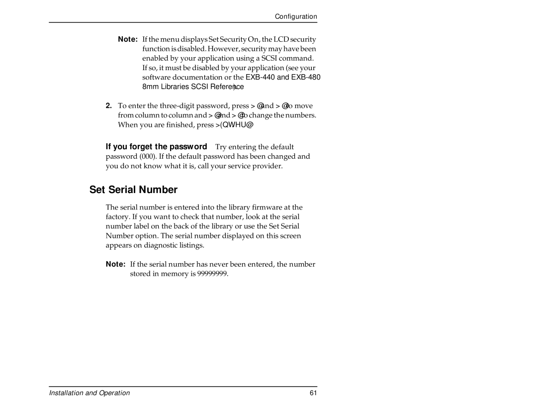 Exabyte 440, 480 manual Set Serial Number 