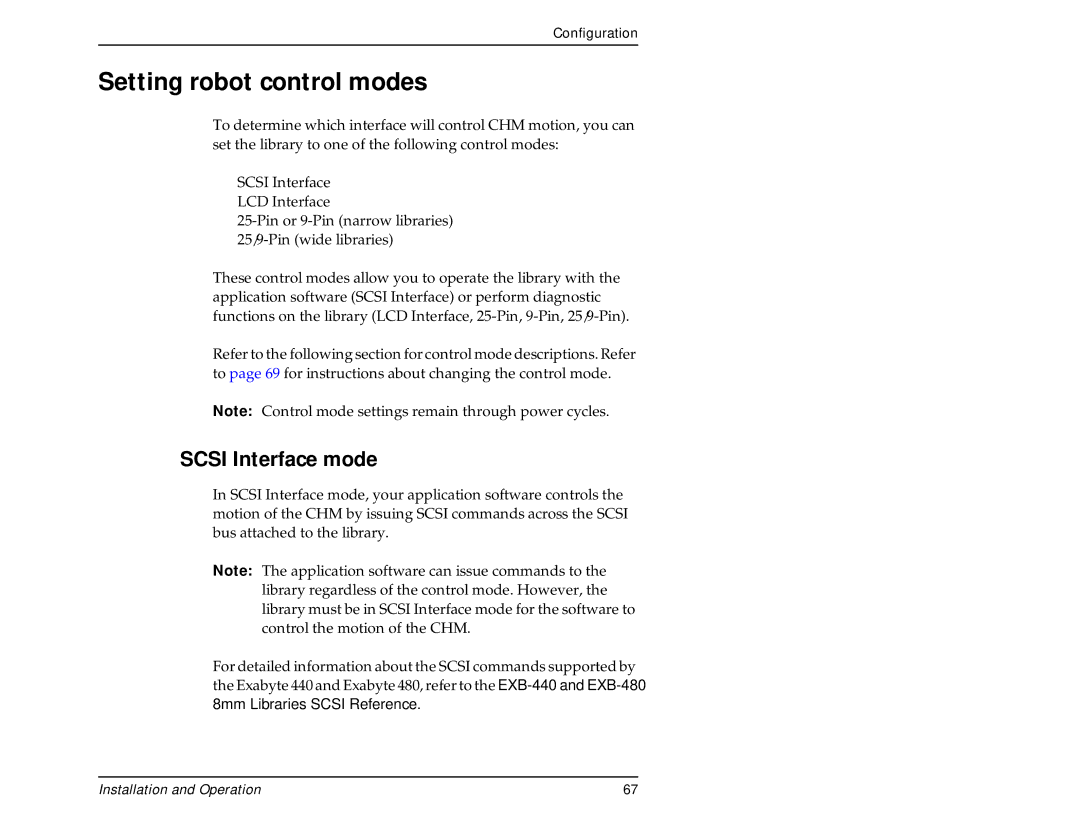 Exabyte 440, 480 manual Setting robot control modes, Scsi Interface mode 