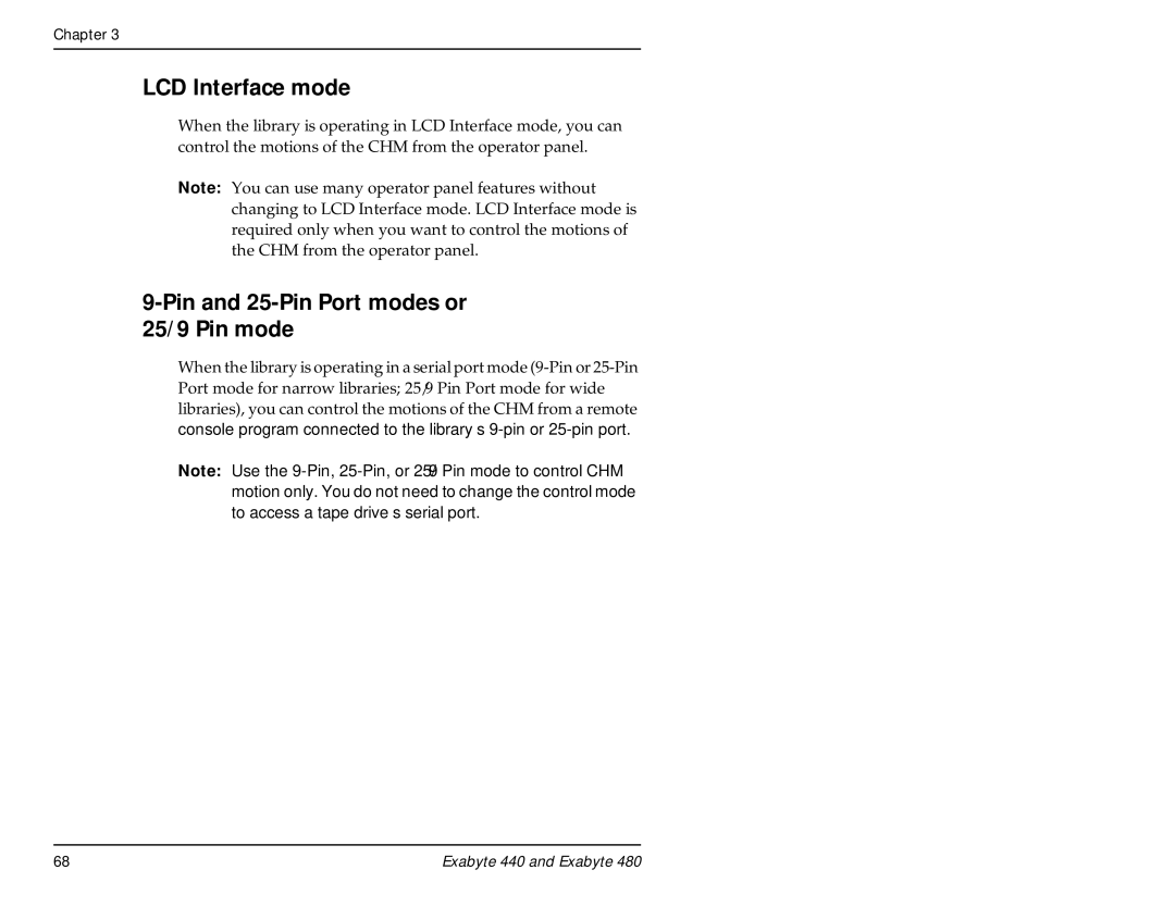 Exabyte 480, 440 manual LCD Interface mode, Pin and 25-Pin Port modes or 25/ 9 Pin mode 