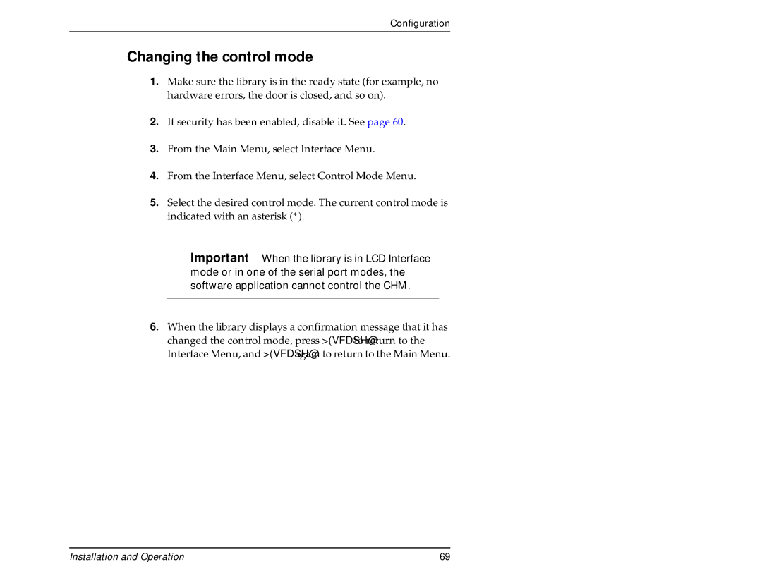 Exabyte 440, 480 manual Changing the control mode 