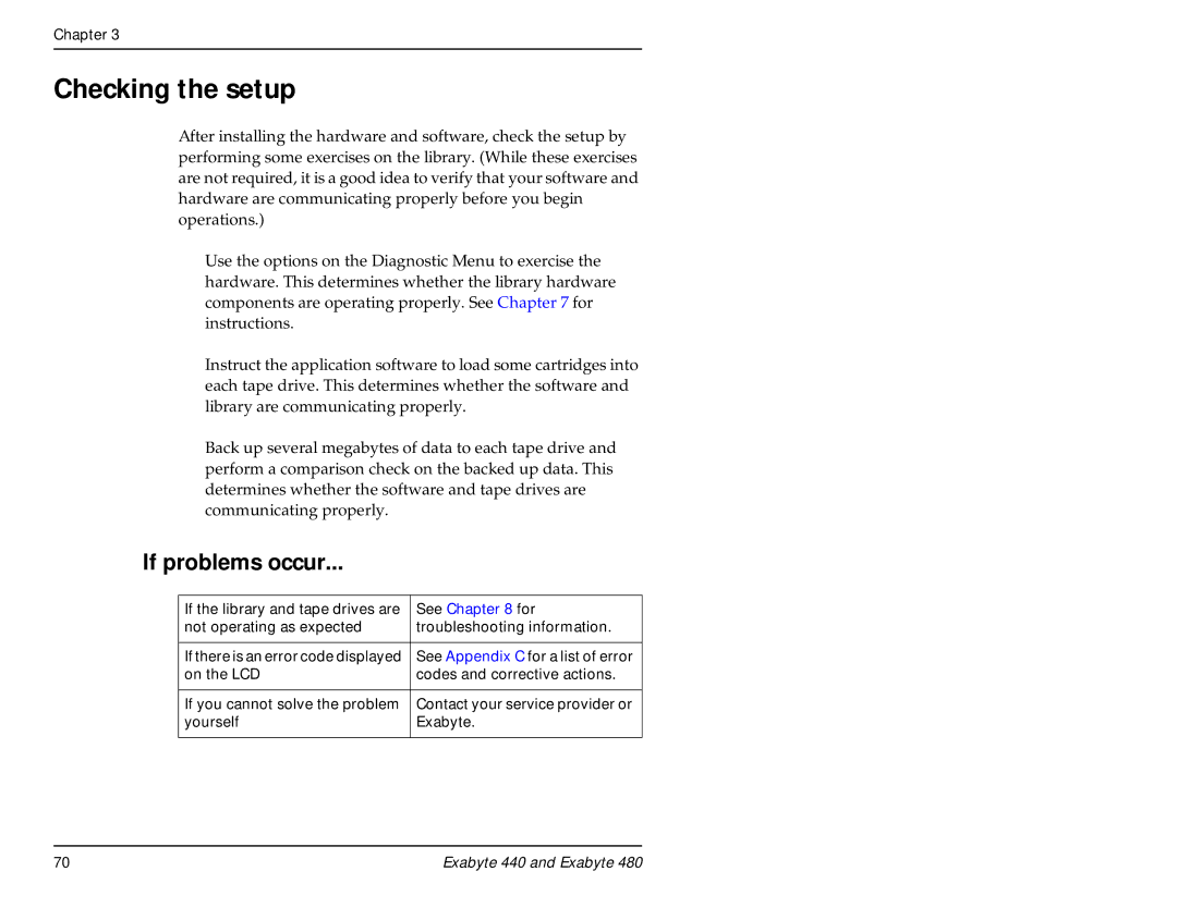 Exabyte 480, 440 manual Checking the setup, If problems occur 