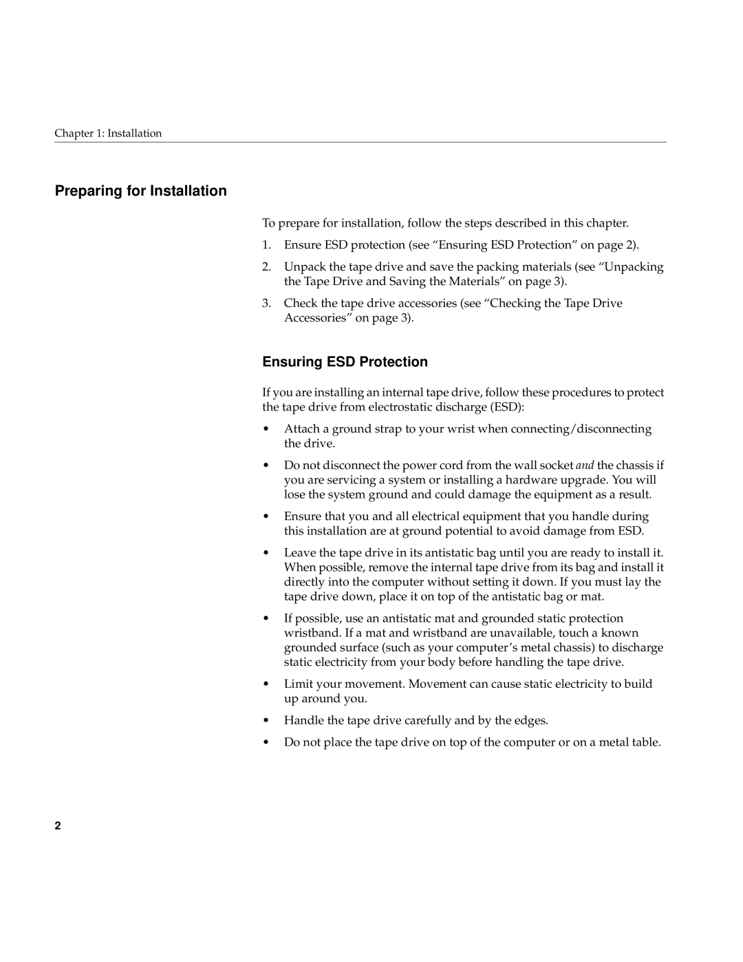 Exabyte 8505XL, 007-3086-001 manual Preparing for Installation, Ensuring ESD Protection 