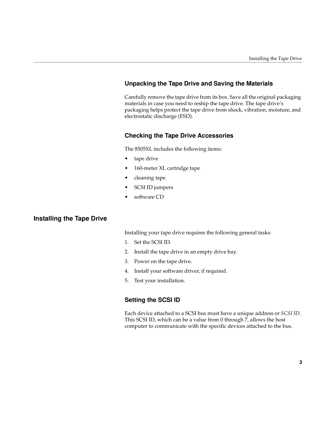 Exabyte 007-3086-001 Installing the Tape Drive, Unpacking the Tape Drive and Saving the Materials, Setting the Scsi ID 