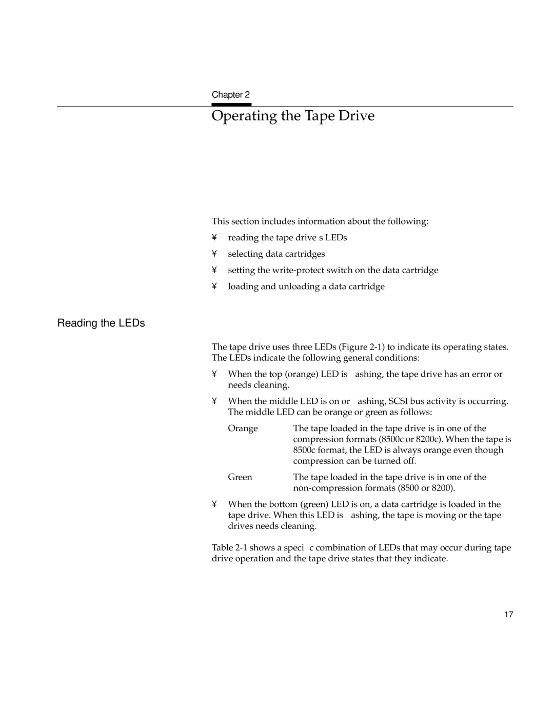 Exabyte 007-3086-001, 8505XL manual Operating the Tape Drive, Reading the LEDs 