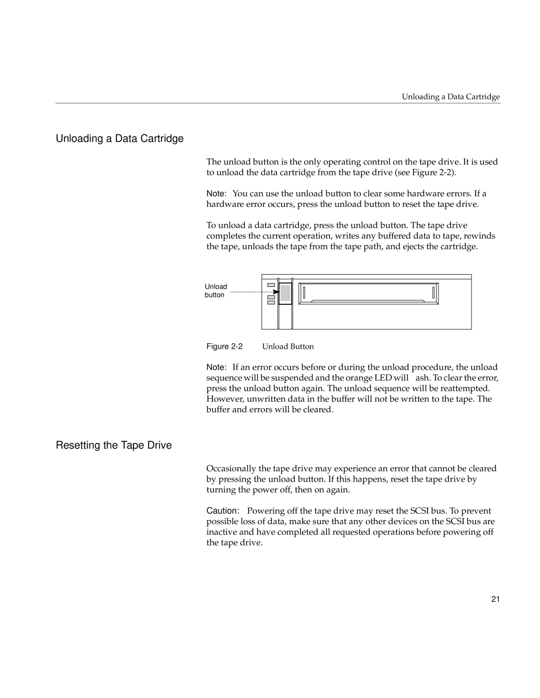 Exabyte 007-3086-001, 8505XL manual Unloading a Data Cartridge, Resetting the Tape Drive 