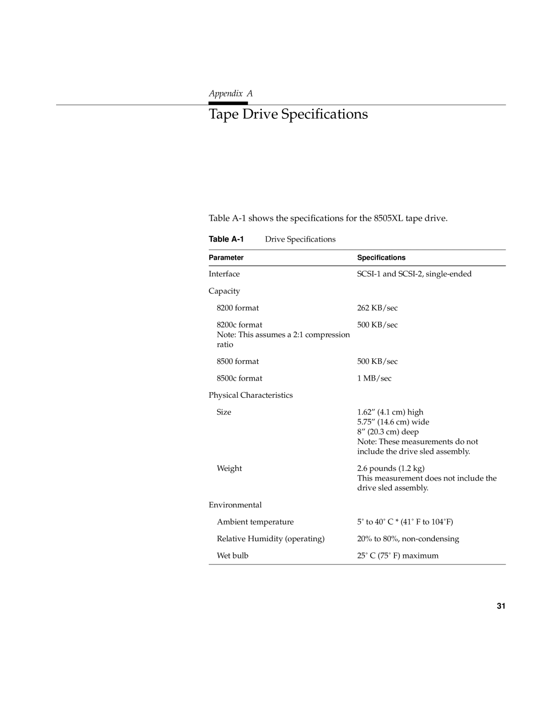 Exabyte 007-3086-001 manual Tape Drive Speciﬁcations, Table A-1 shows the speciﬁcations for the 8505XL tape drive 