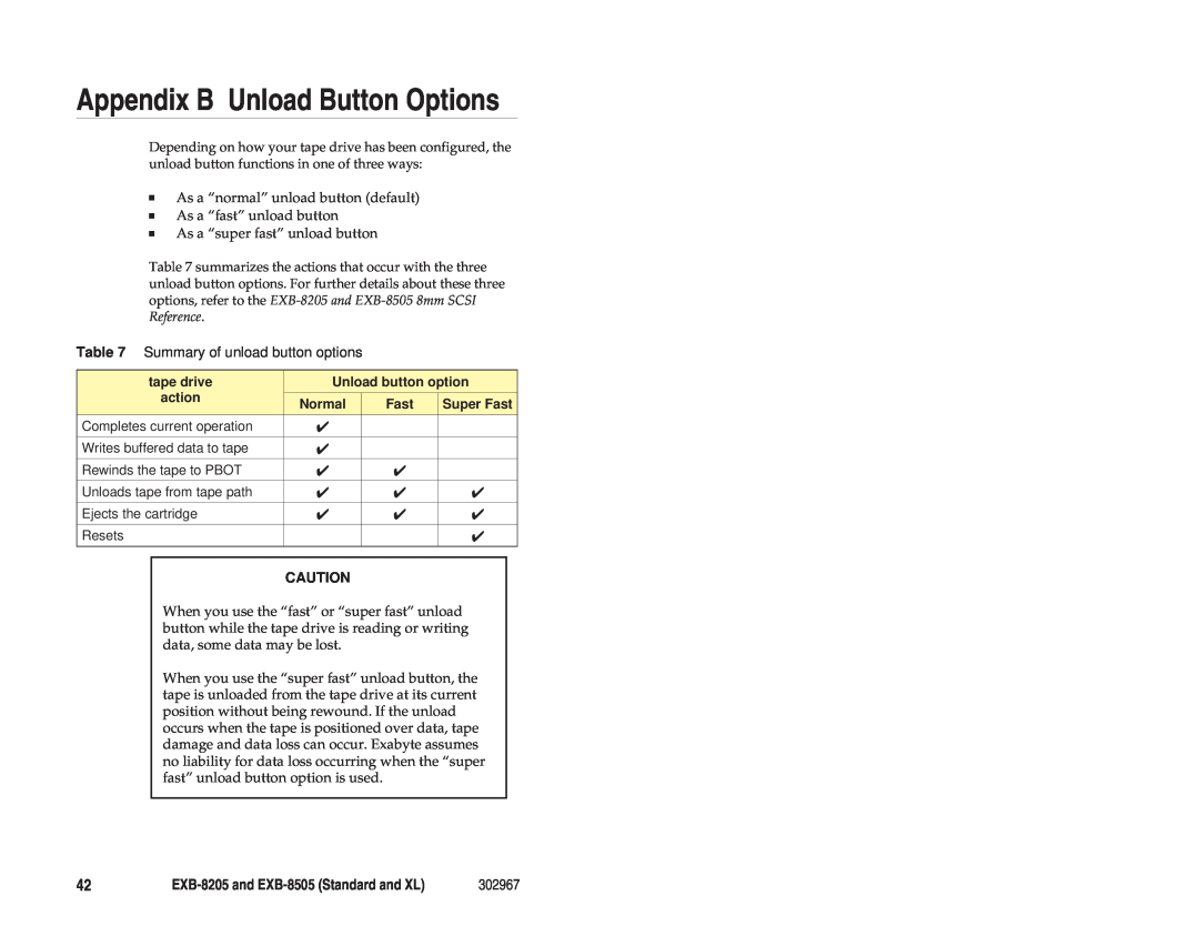 Exabyte EXB-8205 manual Summary of unload button options, Appendix B Unload Button Options 