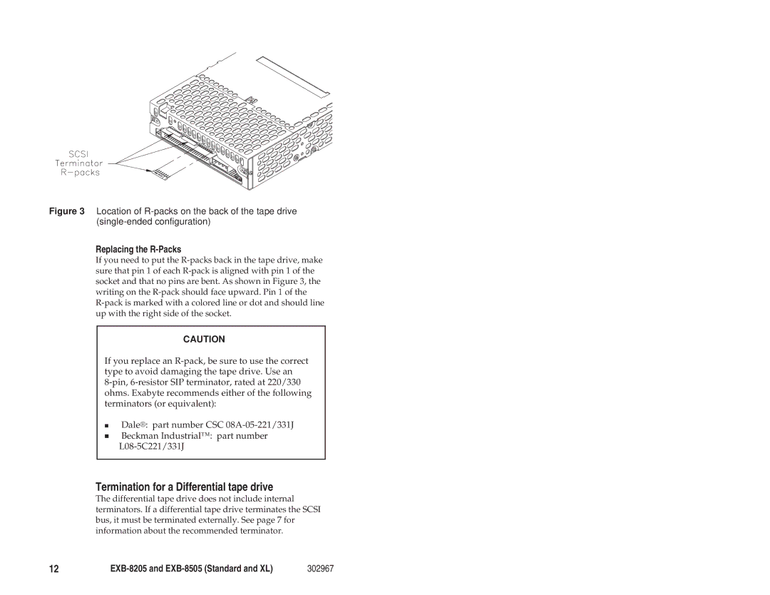 Exabyte EXB-8205 manual Termination for a Differential tape drive, Replacing the R-Packs 