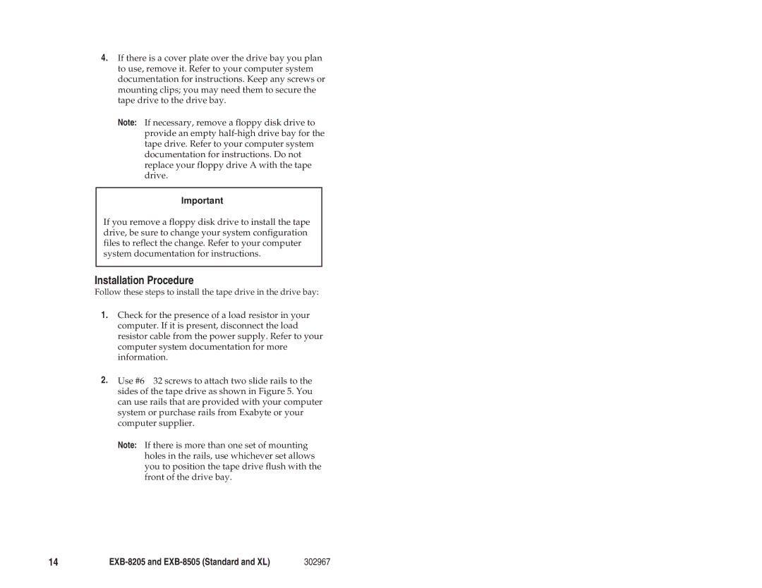 Exabyte EXB-8205 manual Installation Procedure 