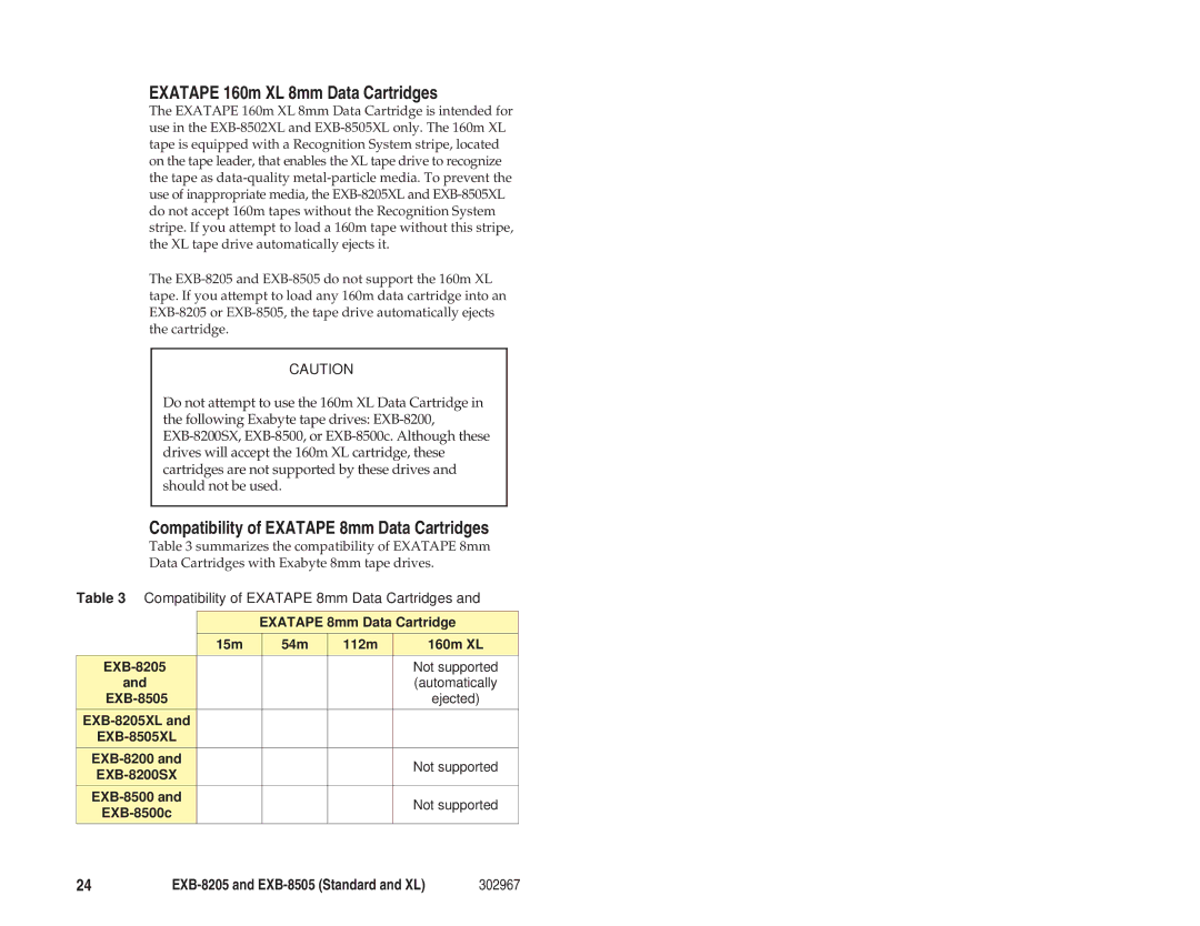 Exabyte EXB-8205 manual Exatape 160m XL 8mm Data Cartridges, Compatibility of Exatape 8mm Data Cartridges 