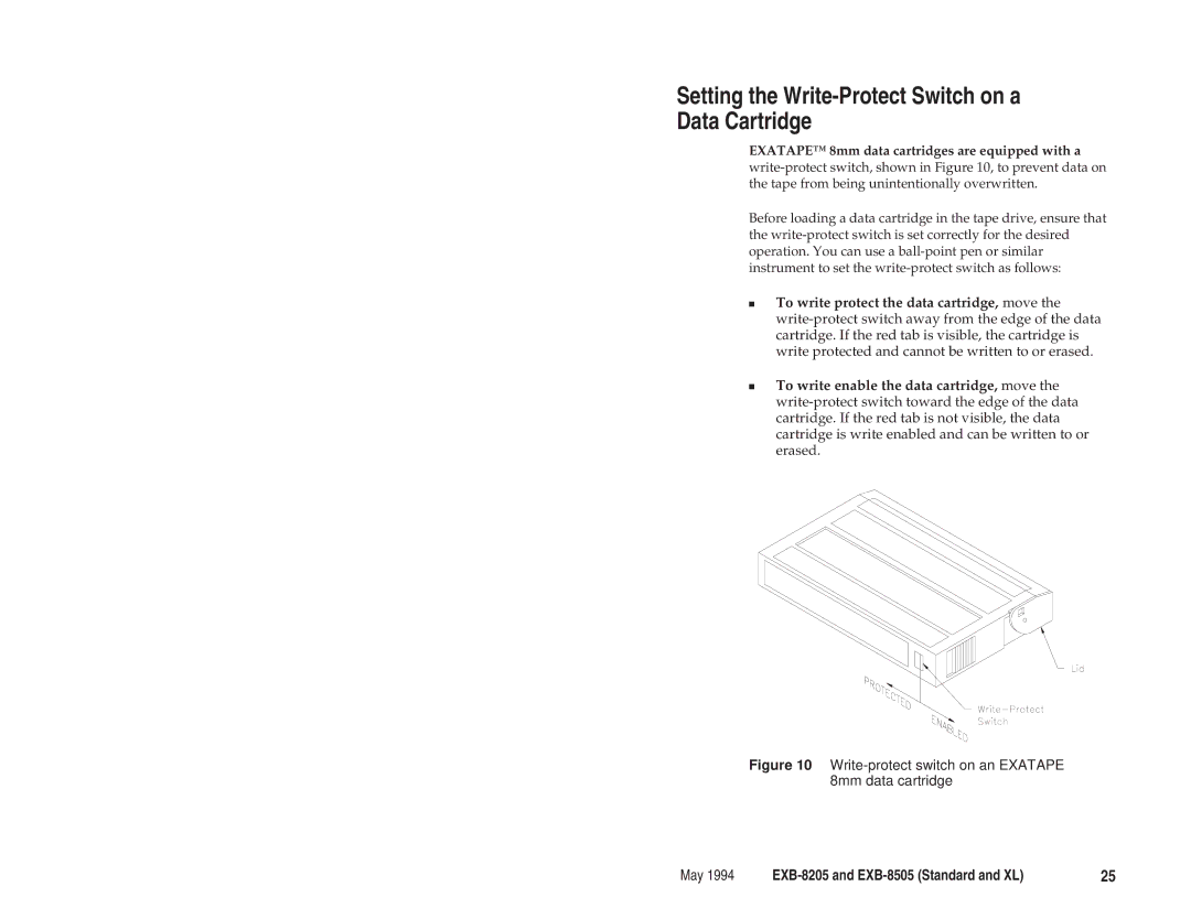 Exabyte EXB-8205 manual Setting the Write-Protect Switch on a Data Cartridge 