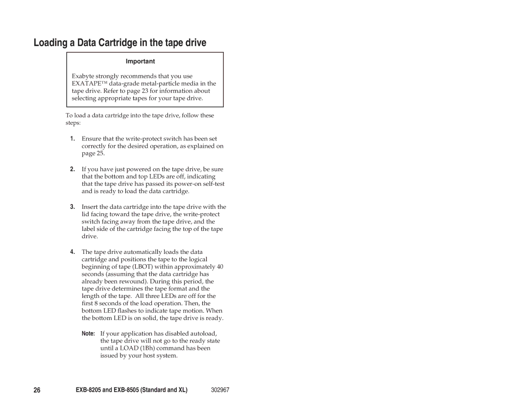 Exabyte EXB-8205 manual Loading a Data Cartridge in the tape drive 