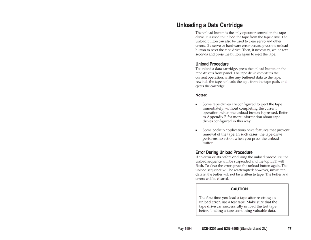 Exabyte EXB-8205 manual Unloading a Data Cartridge, Error During Unload Procedure 