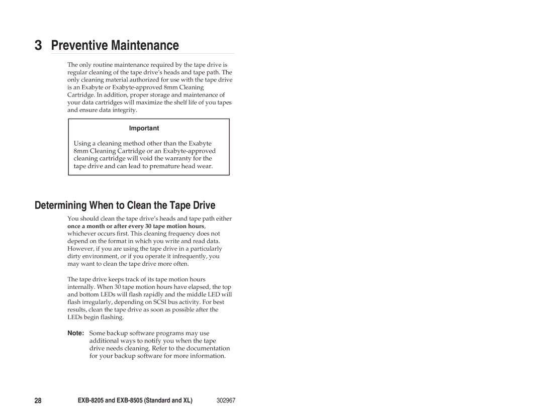 Exabyte EXB-8205 manual Preventive Maintenance, Determining When to Clean the Tape Drive 