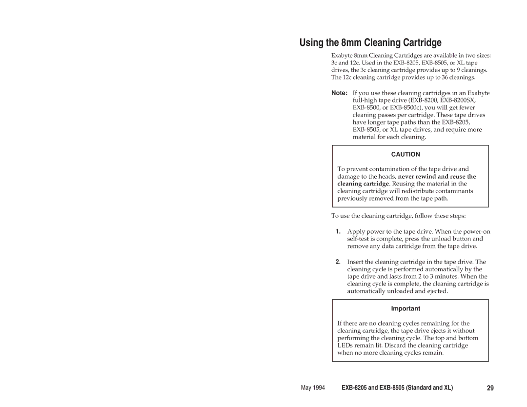 Exabyte EXB-8205 manual Using the 8mm Cleaning Cartridge 