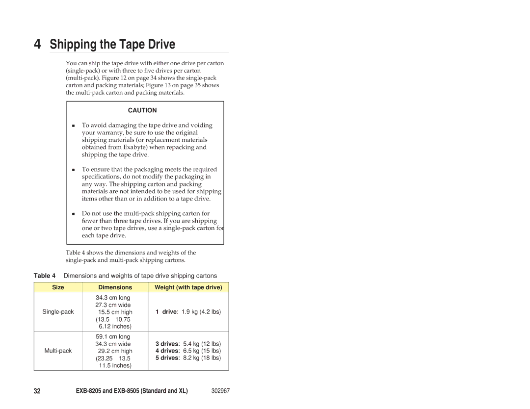 Exabyte EXB-8205 manual Shipping the Tape Drive, Dimensions and weights of tape drive shipping cartons 