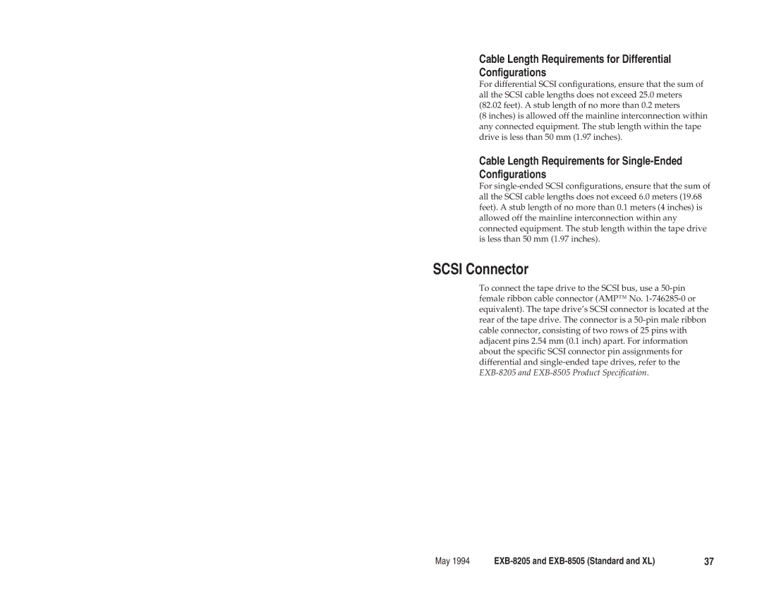 Exabyte EXB-8205 manual Scsi Connector, Cable Length Requirements for Differential Configurations 