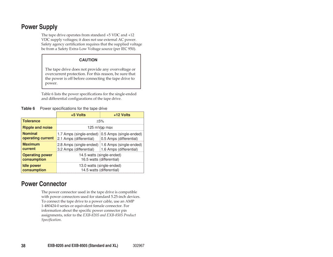 Exabyte EXB-8205 manual Power Supply, Power Connector, Power specifications for the tape drive 