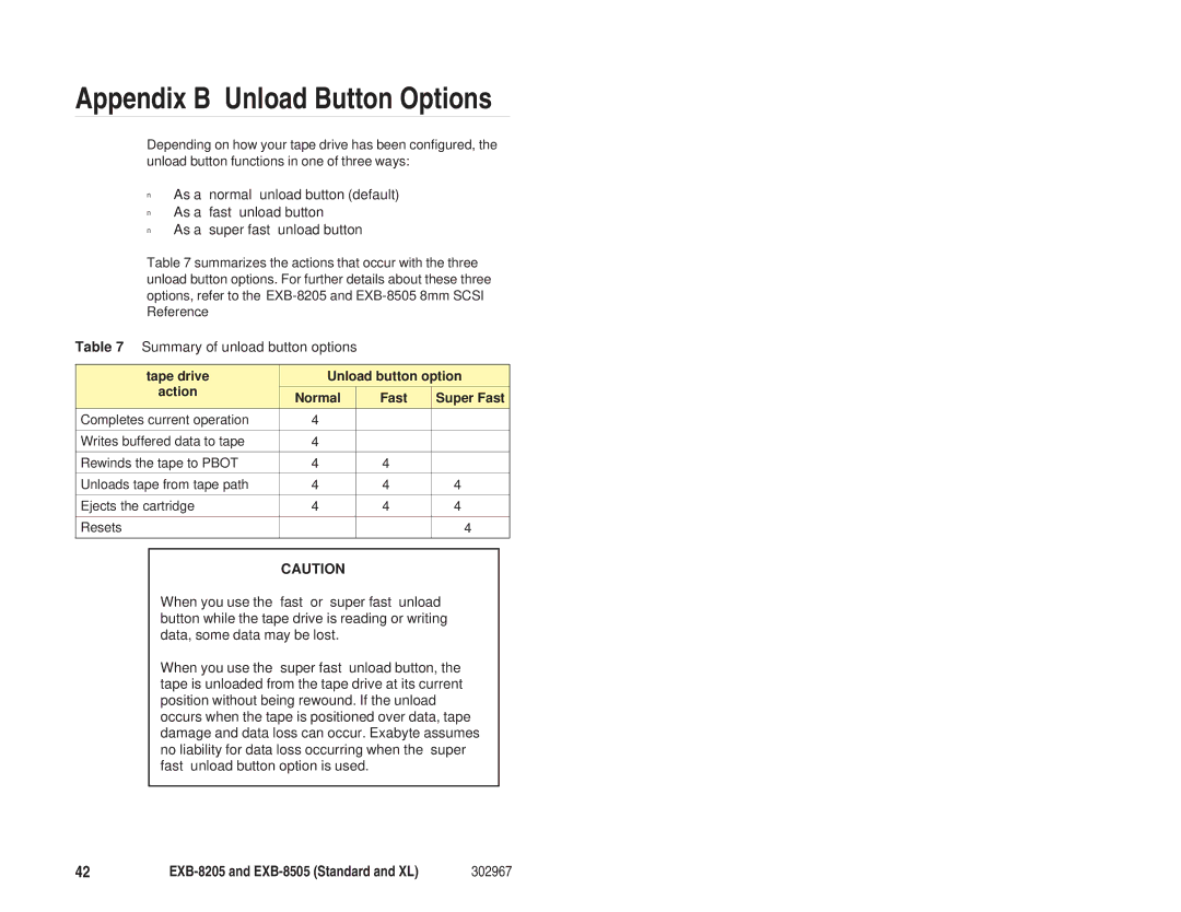 Exabyte EXB-8205 manual Appendix B Unload Button Options, Summary of unload button options 