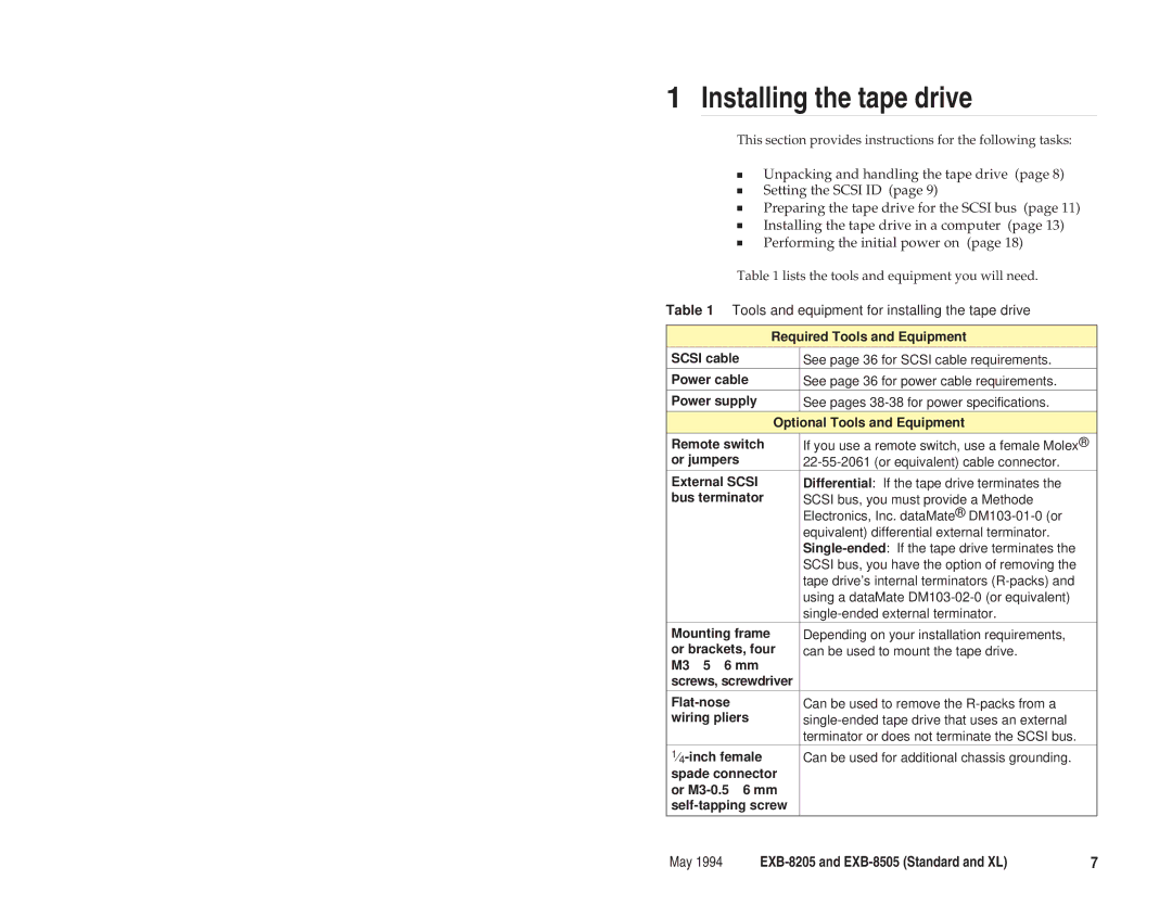 Exabyte EXB-8205 manual Installing the tape drive, Tools and equipment for installing the tape drive 