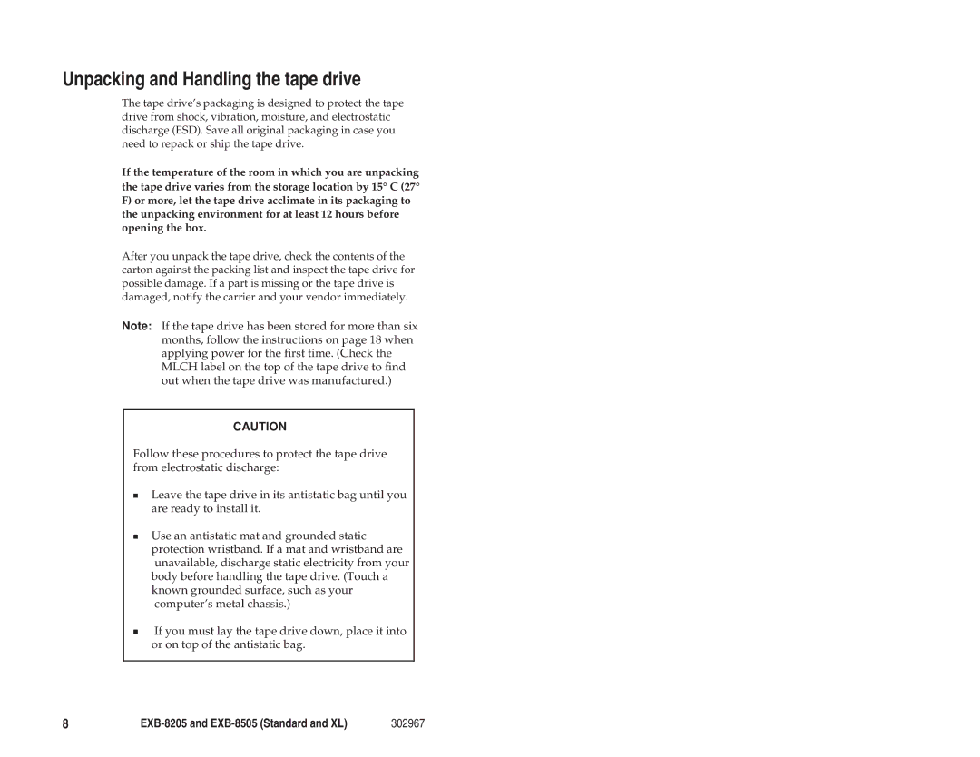 Exabyte EXB-8205 manual Unpacking and Handling the tape drive 