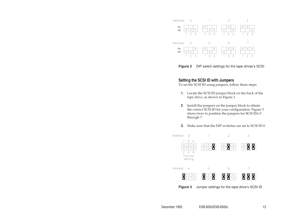 Exabyte EXB-8500c 8mm manual Setting the Scsi ID with Jumpers, DIP switch settings for the tape drives’s Scsi 