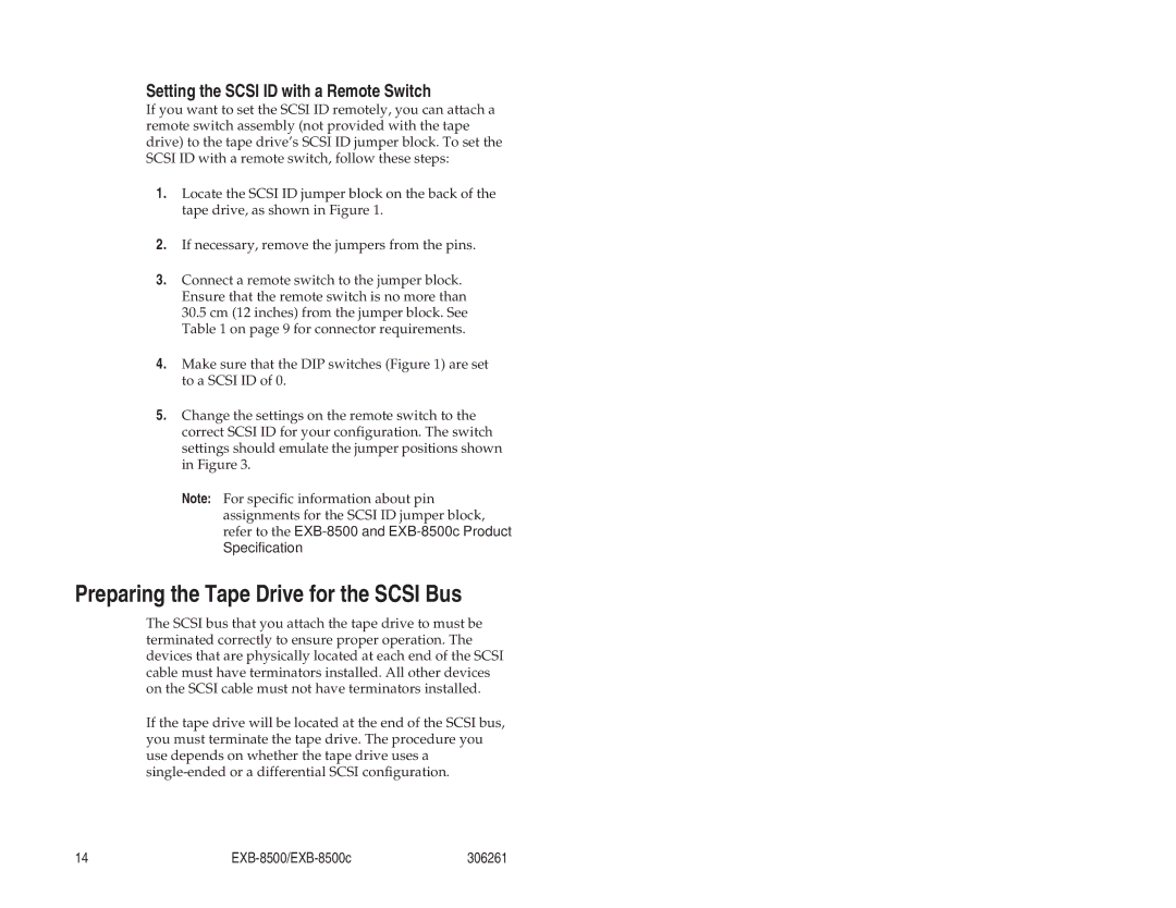 Exabyte EXB-8500c 8mm manual Preparing the Tape Drive for the Scsi Bus, Setting the Scsi ID with a Remote Switch 