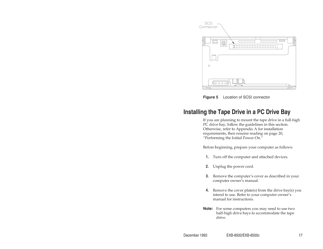 Exabyte EXB-8500c 8mm manual Installing the Tape Drive in a PC Drive Bay, Location of Scsi connector 