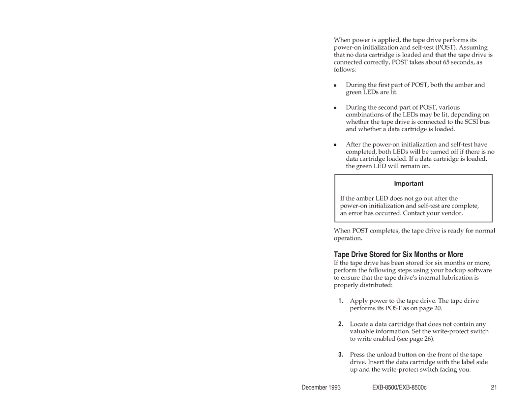 Exabyte EXB-8500c 8mm manual Tape Drive Stored for Six Months or More 