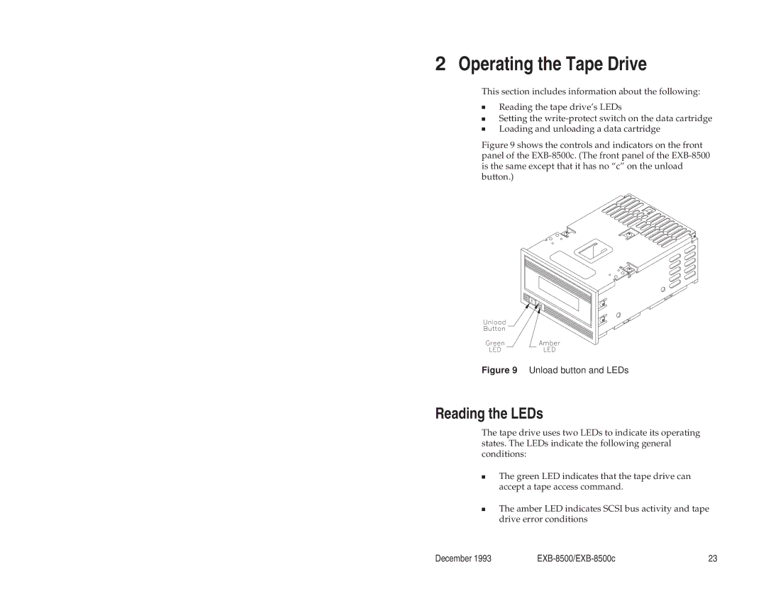 Exabyte EXB-8500c 8mm manual Operating the Tape Drive, Reading the LEDs 