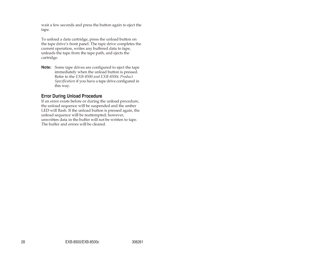 Exabyte EXB-8500c 8mm manual Error During Unload Procedure 