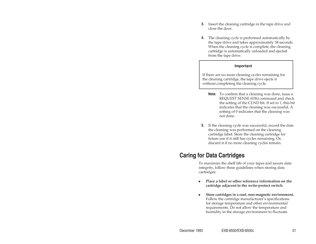 Exabyte EXB-8500c 8mm manual Caring for Data Cartridges 
