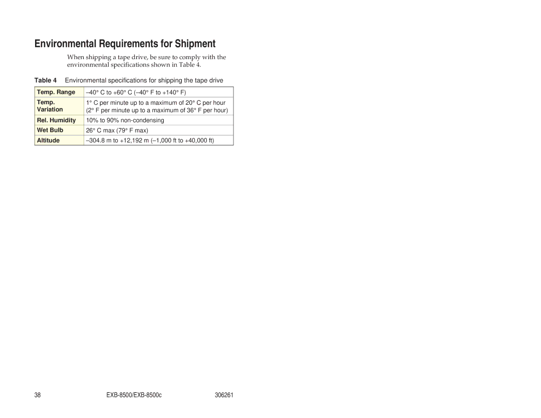 Exabyte EXB-8500c 8mm Environmental Requirements for Shipment, Environmental specifications for shipping the tape drive 