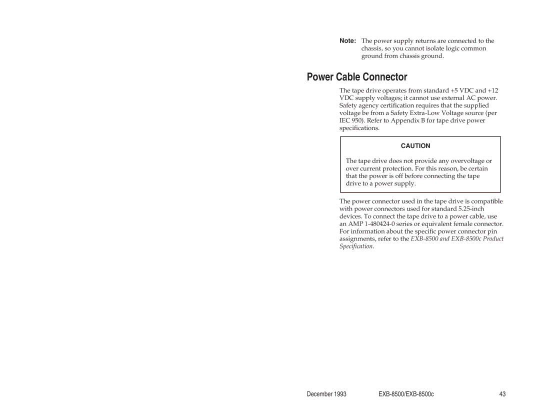 Exabyte EXB-8500c 8mm manual Power Cable Connector 