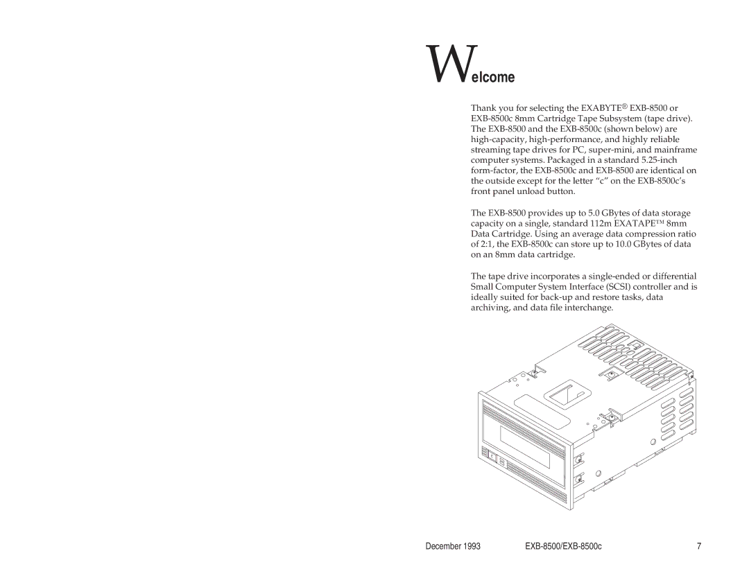 Exabyte EXB-8500c 8mm manual Welcome 