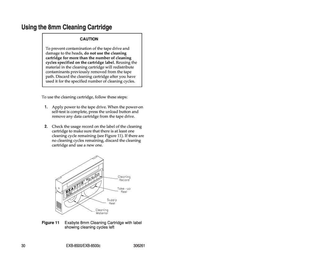 Exabyte EXB-8500c 8mm manual Using the 8mm Cleaning Cartridge, EXB-8500/EXB-8500c, 306261 